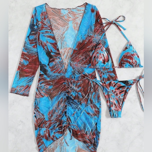 2/$50 Summer 3 Piece Triangle Halter Bikini Bathing Suit  Cover Up Boho-(#1,484) - Picture 3 of 5